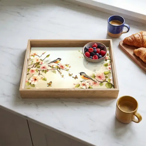 Takken - Bloemen - Vogeltjes - Roze Dienblad Rechthoek middel -sfeer2