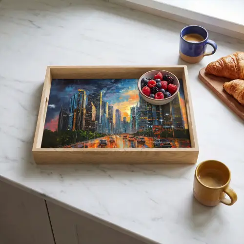 Auto - Skyline - Zon - Blauw Dienblad Rechthoek middel -sfeer2