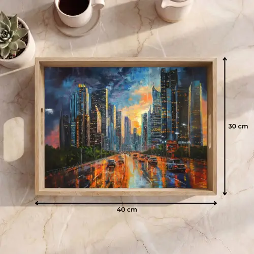 Auto - Skyline - Zon - Blauw Dienblad Rechthoek middel -USP_Formaat