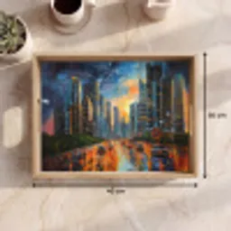Auto - Skyline - Zon - Blauw Dienblad Rechthoek middel -USP_Formaat