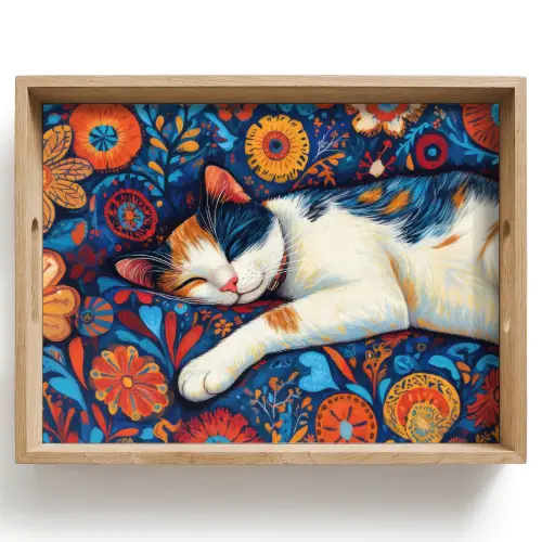 Kat - Bloemenpatroon - Blauw - Oranje Dienblad Rechthoek middel -z3d_shopping