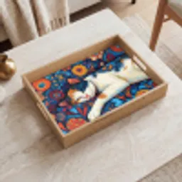 Kat - Bloemenpatroon - Blauw - Oranje Dienblad Rechthoek middel -sfeer1