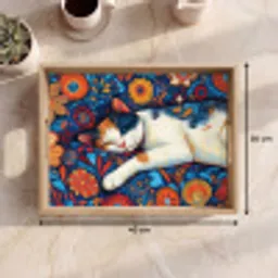 Kat - Bloemenpatroon - Blauw - Oranje Dienblad Rechthoek middel -USP_Formaat