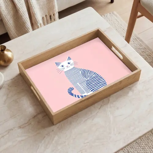 Kat - Illustratie - Minimalistisch - Roze Dienblad Rechthoek middel -sfeer1
