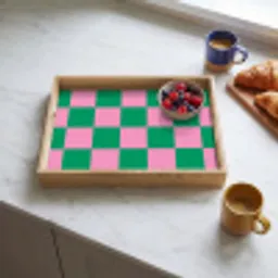 Schaakbord patroon - Groen - Roze - Blokjes Dienblad Rechthoek middel -sfeer2