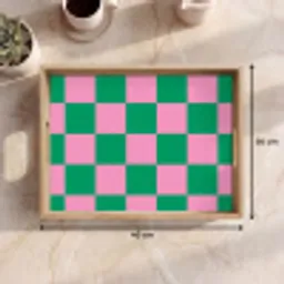 Schaakbord patroon - Groen - Roze - Blokjes Dienblad Rechthoek middel -USP_Formaat