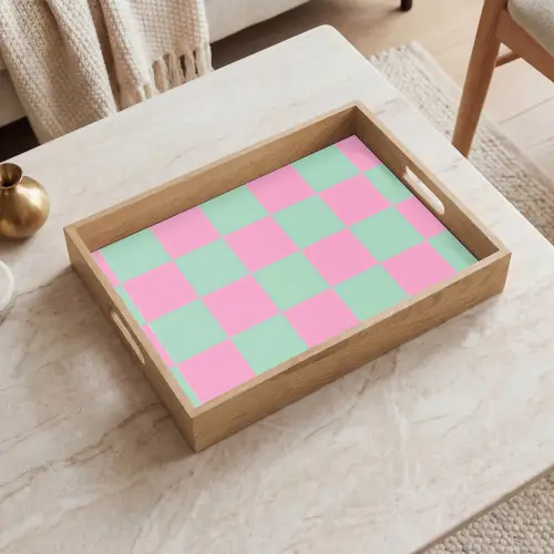 Schaakbord patroon - Groen - Roze - Blokjes Dienblad Rechthoek middel -sfeer1