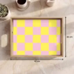 Schaakbord patroon - Geel - Roze - Blokjes Dienblad Rechthoek middel -USP_Formaat