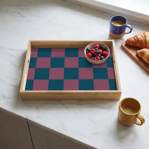 Schaakbord print - Blauw - Rood - Blokjes Dienblad Rechthoek middel -sfeer2