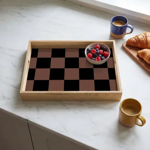 Schaakbord print - Bruin - Zwart - Blokjes Dienblad Rechthoek middel -sfeer2