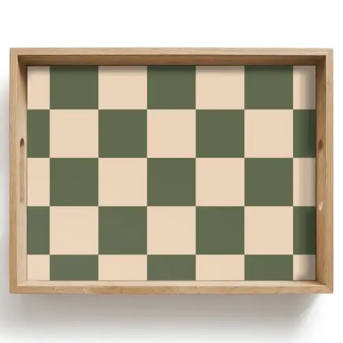 Schaakbord print - Groen - Beige - Blokjes Dienblad Rechthoek middel -z3d_shopping