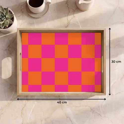 Schaakbord print - Oranje - Roze - Blokjes Dienblad Rechthoek middel -USP_Formaat