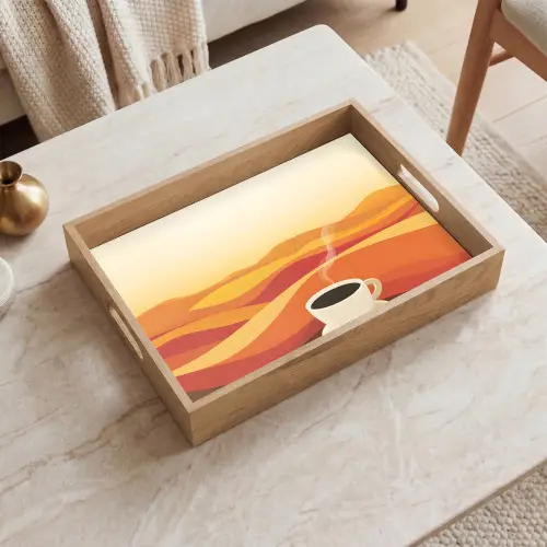 Koffie - Landschap - Oranje - Koffiebonen Dienblad Rechthoek middel -sfeer1