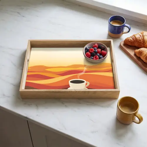 Koffie - Landschap - Oranje - Koffiebonen Dienblad Rechthoek middel -sfeer2
