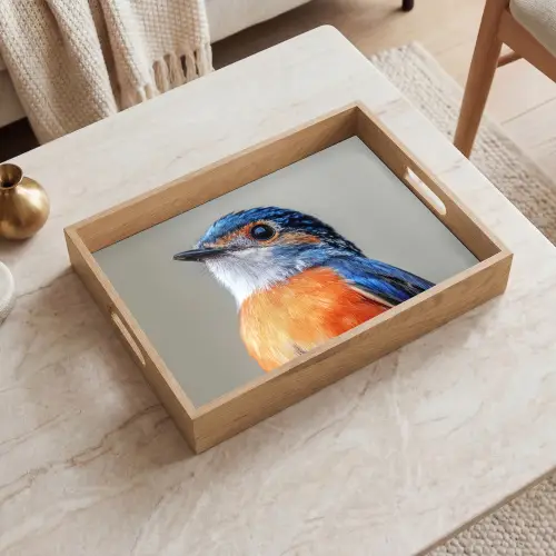 Kleurrijk - Vogeltje - Veren - Blauw Dienblad Rechthoek middel -sfeer1