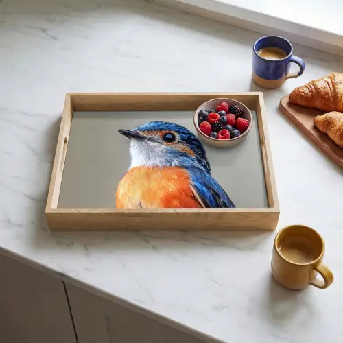 Kleurrijk - Vogeltje - Veren - Blauw Dienblad Rechthoek middel -sfeer2