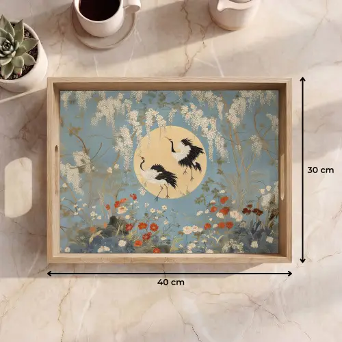 Kraanvogels - Maan - Bloemen - Blauw Dienblad Rechthoek middel -USP_Formaat