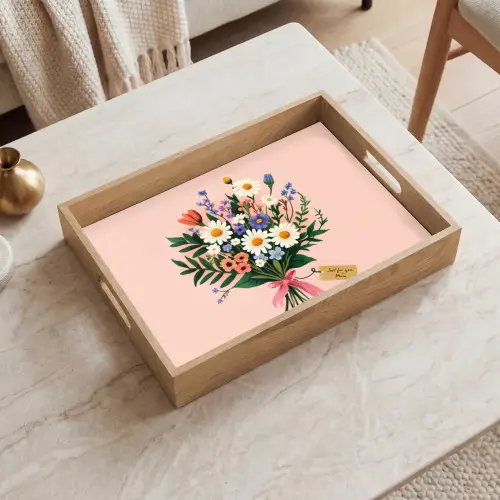 Margrieten - Boeket - Strikje - Roze Dienblad Rechthoek middel -sfeer1