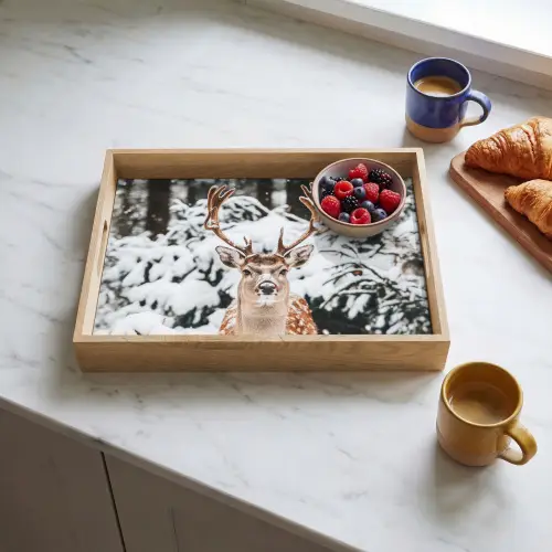 Hert - Sneeuw - Winter - Bos - Dieren Dienblad Rechthoek middel -sfeer2