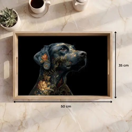 Hond - Zwart - Bloemen Dienblad Rechthoek middel -USP_Formaat