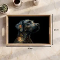 Hond - Zwart - Bloemen Dienblad Rechthoek middel -USP_Formaat