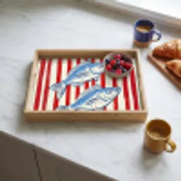 Vissen - Verticale strepen - Blauw - Rood Dienblad Rechthoek middel -sfeer2