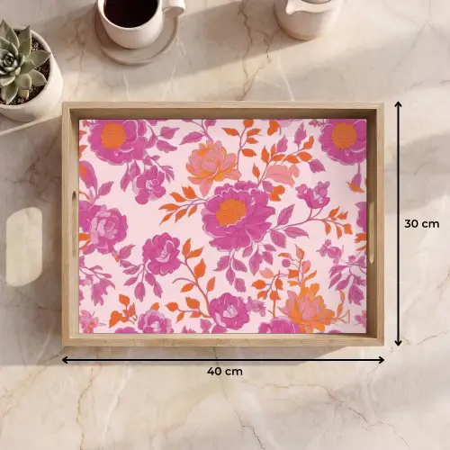 Bloemenpatroon - Roze - Oranje - Bloemen Dienblad Rechthoek middel -USP_Formaat