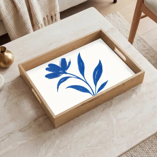 Bloem - Blaadjes - Minimalistisch - Blauw Dienblad Rechthoek middel -sfeer1