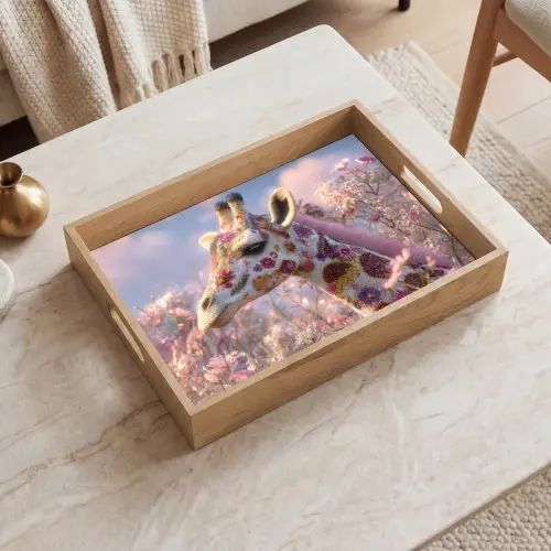 Giraffe - Bloemen - Roze Dienblad Rechthoek middel -sfeer1