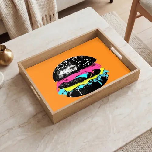 Hamburger - Oranje - Neon - popart Dienblad Rechthoek middel -sfeer1