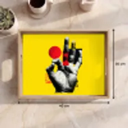 Hand - Rode cirkel - Geel Dienblad Rechthoek middel -USP_Formaat