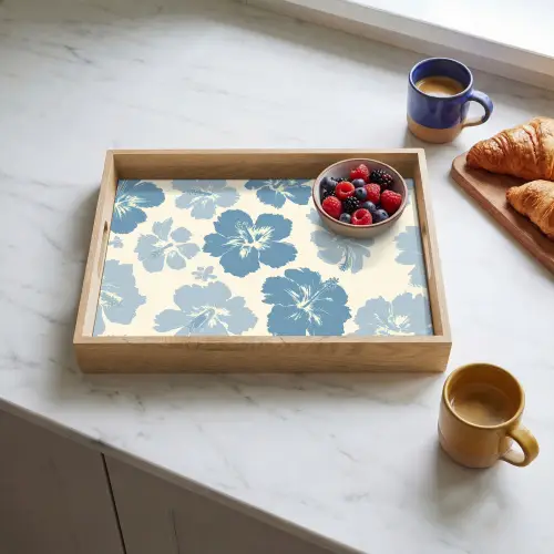Hibiscusbloemen - Blauw - Patroon - Tropisch Dienblad Rechthoek middel -sfeer2