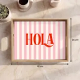 Hola - Quote -  Strepen - Pastel - Roze - Rood - Wit Dienblad Rechthoek middel -USP_Formaat