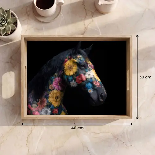 Paard - Bloemen - Zwart Dienblad Rechthoek middel -USP_Formaat