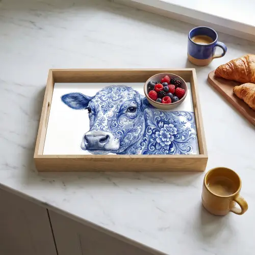 Illustratie - Koe - Blauw Dienblad Rechthoek middel -sfeer2