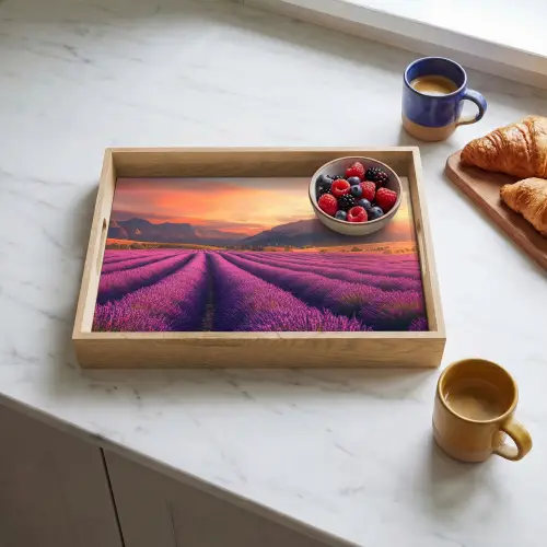 Lavendelveld - Zonsondergang - Paars Dienblad Rechthoek middel -sfeer2