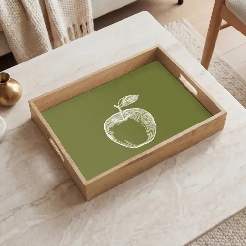 Lijntekening - Appel - Olijfgroen - Blaadje Dienblad Rechthoek middel -sfeer1