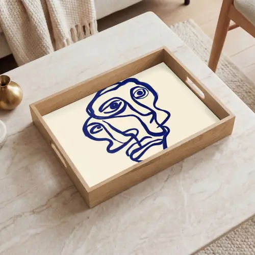 Lijntekening - Overlappende gezichten - Donkerblauw Dienblad Rechthoek middel -sfeer1