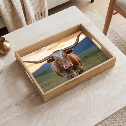 Longhorn - Landschap - Zonsondergang Dienblad Rechthoek middel -sfeer1