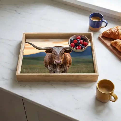 Longhorn - Landschap - Zonsondergang Dienblad Rechthoek middel -sfeer2