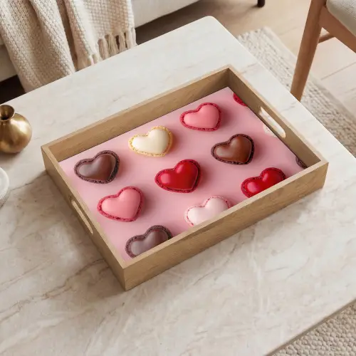 Macarons - Hartjes - Kleurrijk - Roze Dienblad Rechthoek middel -sfeer1