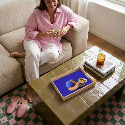Meloen - Blauw - Oranje - Kunstzinnig Dienblad Rechthoek middel -sfeer3