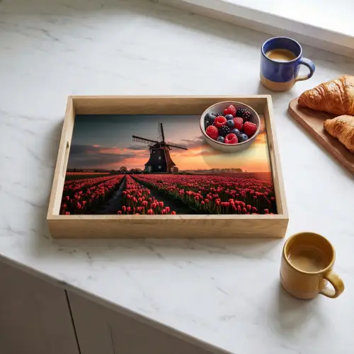 Molen - Zonsondergang - Tulpen - Rood Dienblad Rechthoek middel -sfeer2