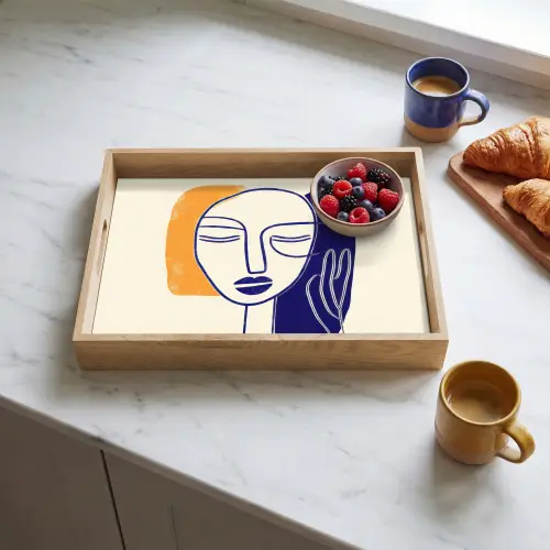 Minimalistisch - Gezicht - Hand - Oranje - Blauw Dienblad Rechthoek middel -sfeer2
