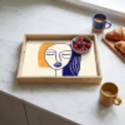 Minimalistisch - Gezicht - Hand - Oranje - Blauw Dienblad Rechthoek middel -sfeer2