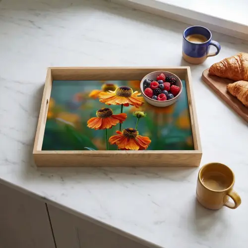 Oranje bloemen - Levendig - Wazige achtergrond Dienblad Rechthoek middel -sfeer2