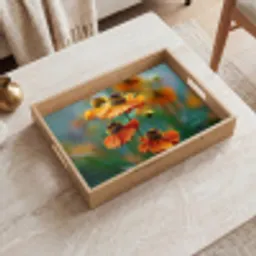Oranje bloemen - Levendig - Wazige achtergrond Dienblad Rechthoek middel -sfeer1