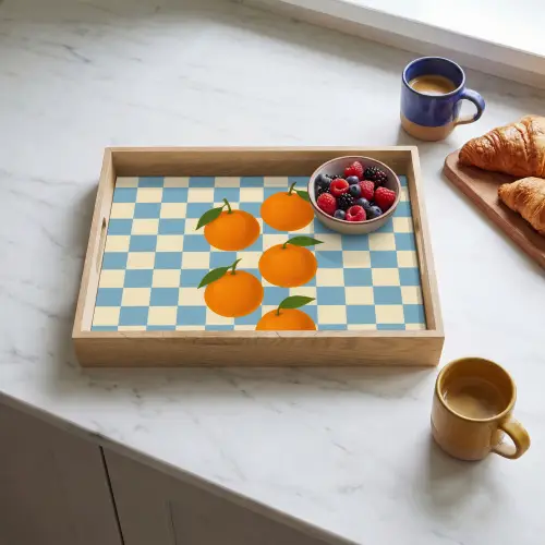 Sinaasappels - Blaadjes - Geblokt - Blauw Dienblad Rechthoek middel -sfeer2