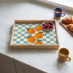 Sinaasappels - Blaadjes - Geblokt - Blauw Dienblad Rechthoek middel -sfeer2