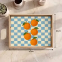 Sinaasappels - Blaadjes - Geblokt - Blauw Dienblad Rechthoek middel -USP_Formaat